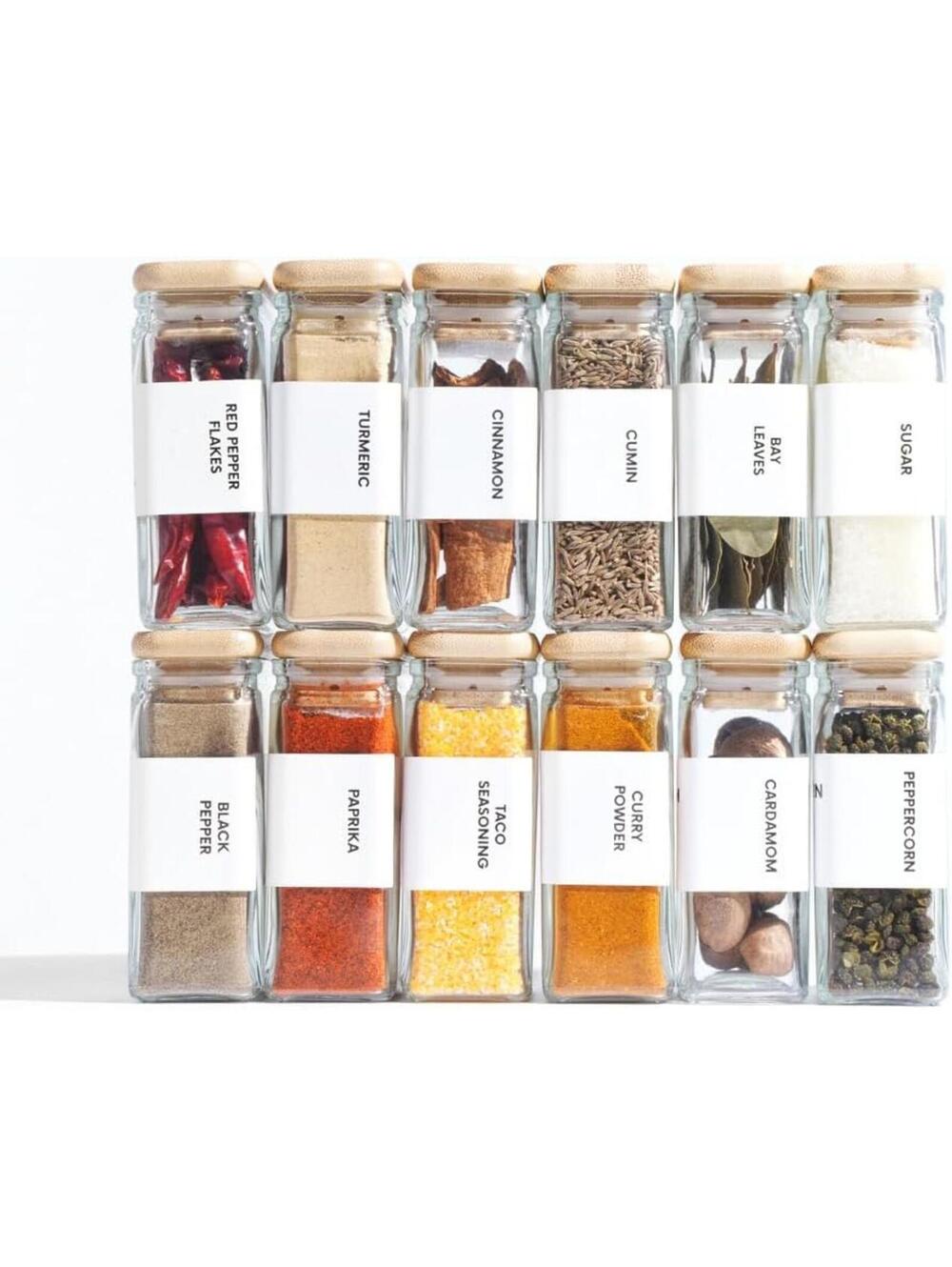Glass Spice Jars Set with Bamboo Lids - Clear Square Bottles